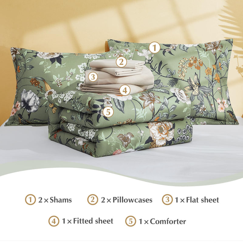 Queen Comforter Set, 7 PCS Green Butterfly Floral Comforter Set with Flowers Leaves