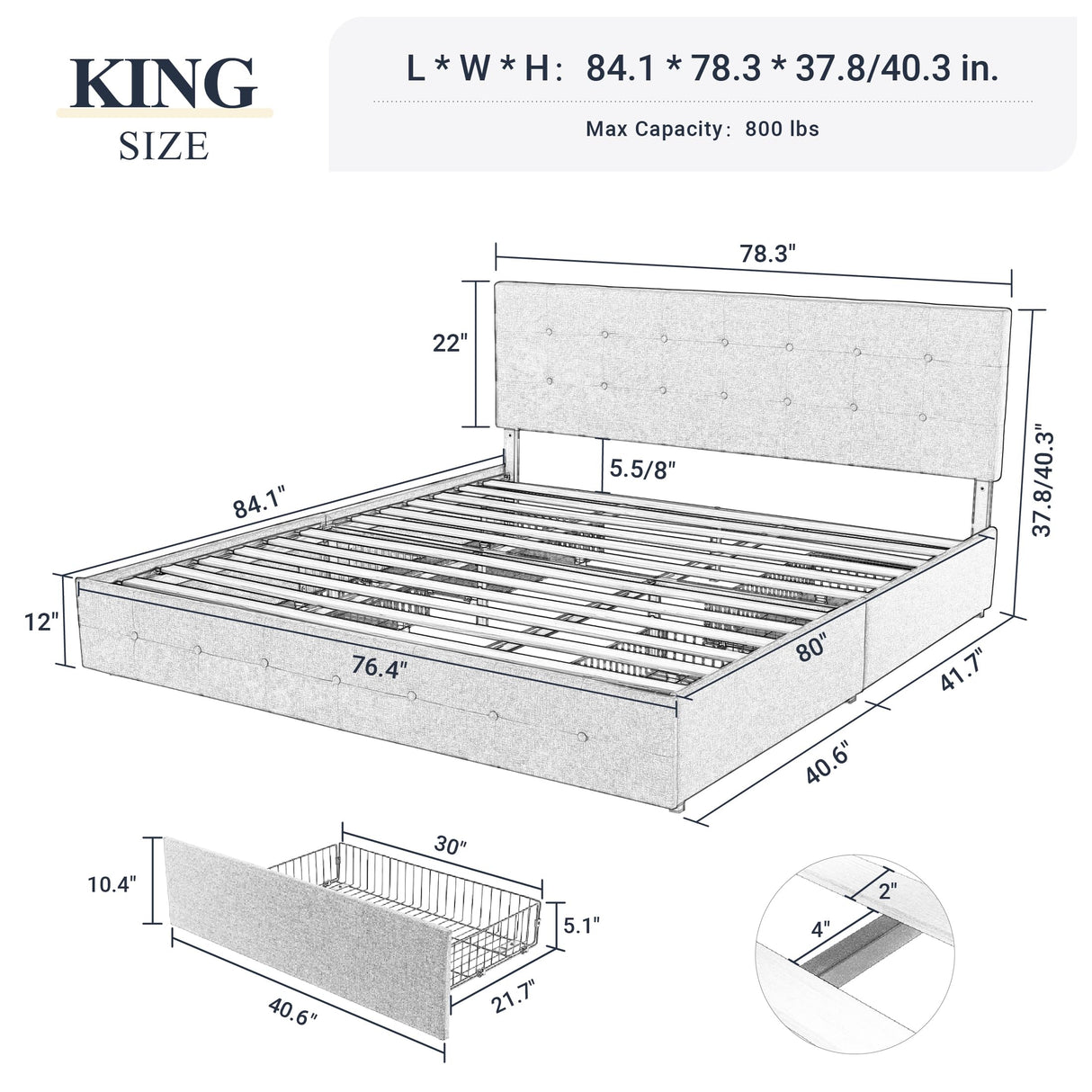 Upholstered King Size Platform Bed Frame with