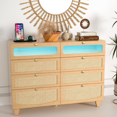 Dresser for Bedroom with 8 Drawers, Double Dresser with LED Lights