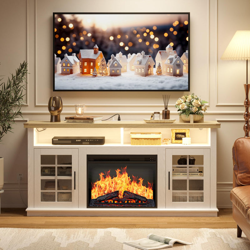 Fireplace TV Stand with Power Outlet and LED Light, Entertainment Center with Open Storage Shelves