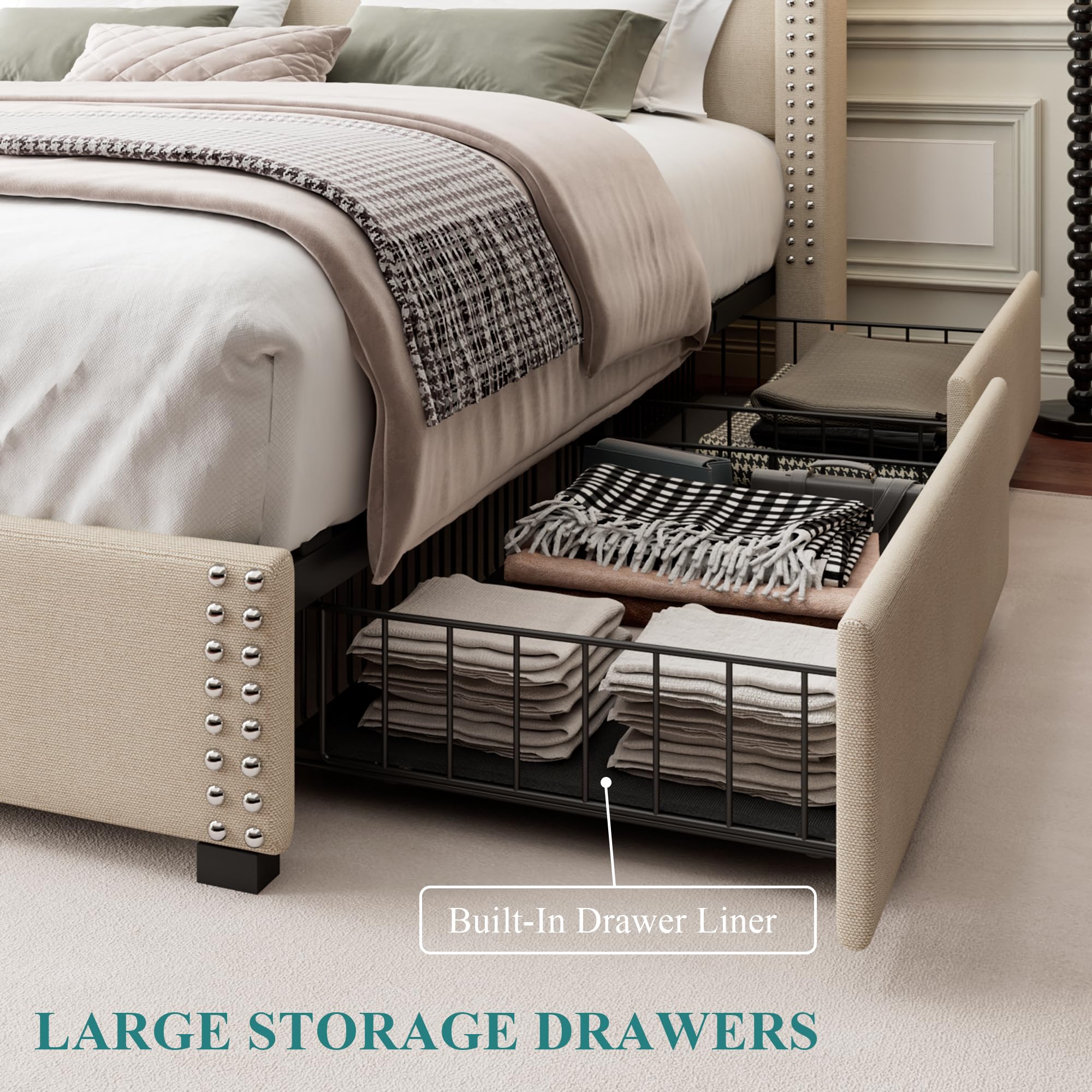 Queen Storage Bed Frame with Type-C & USB Ports and 4 Drawers, Minimalist Geometric