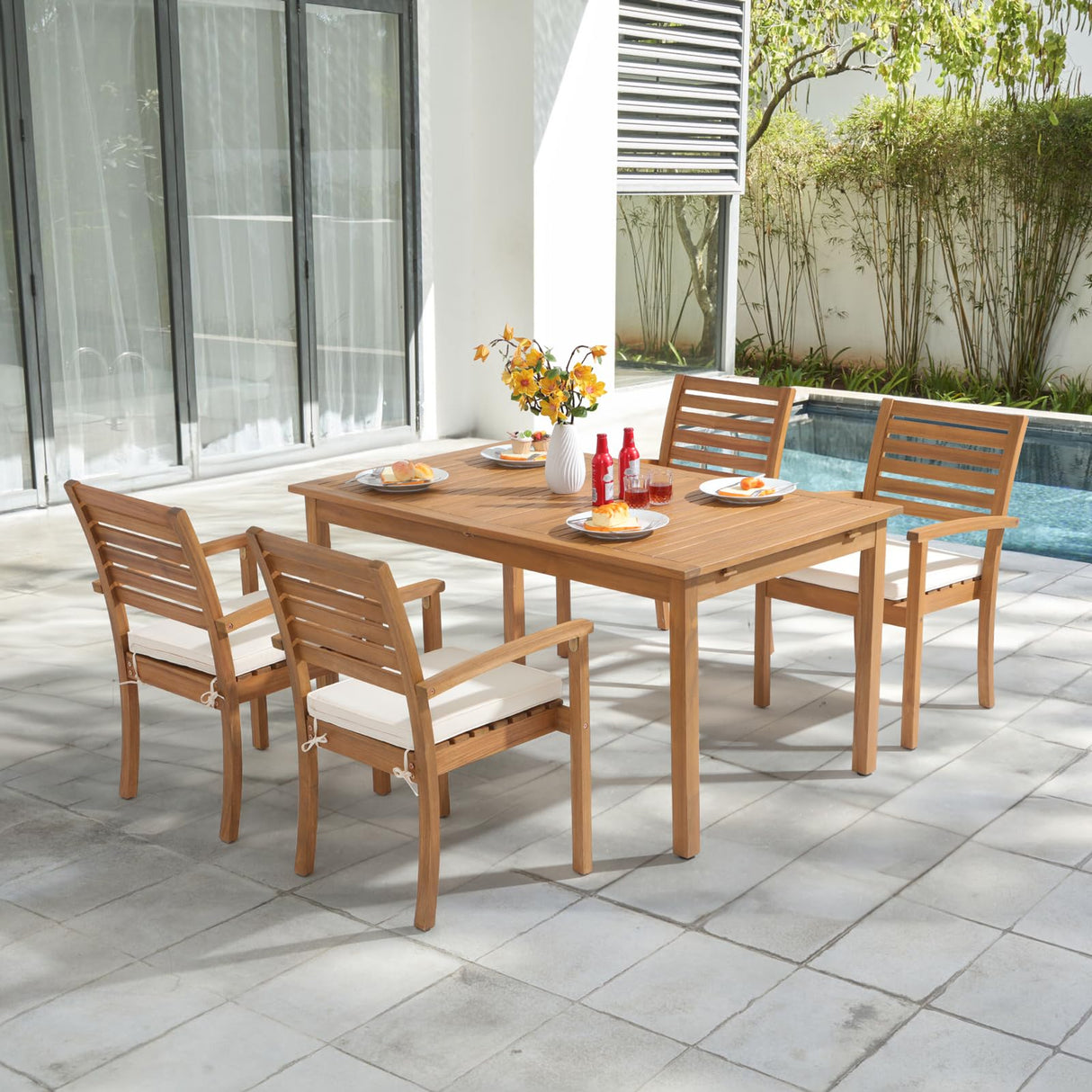 Stackable Patio Dining Chairs Set of 4, Outdoor Acacia Wooden Chairs