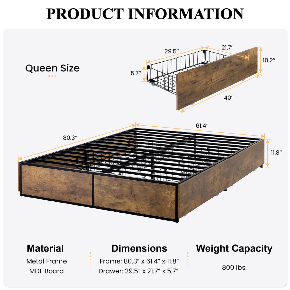 Queen Bed Frame with Storage, Platform Bed with 4 Extra Large Storage Drawers