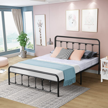 Metal Bed Frame Queen Size Platform with Vintage Style Headboard