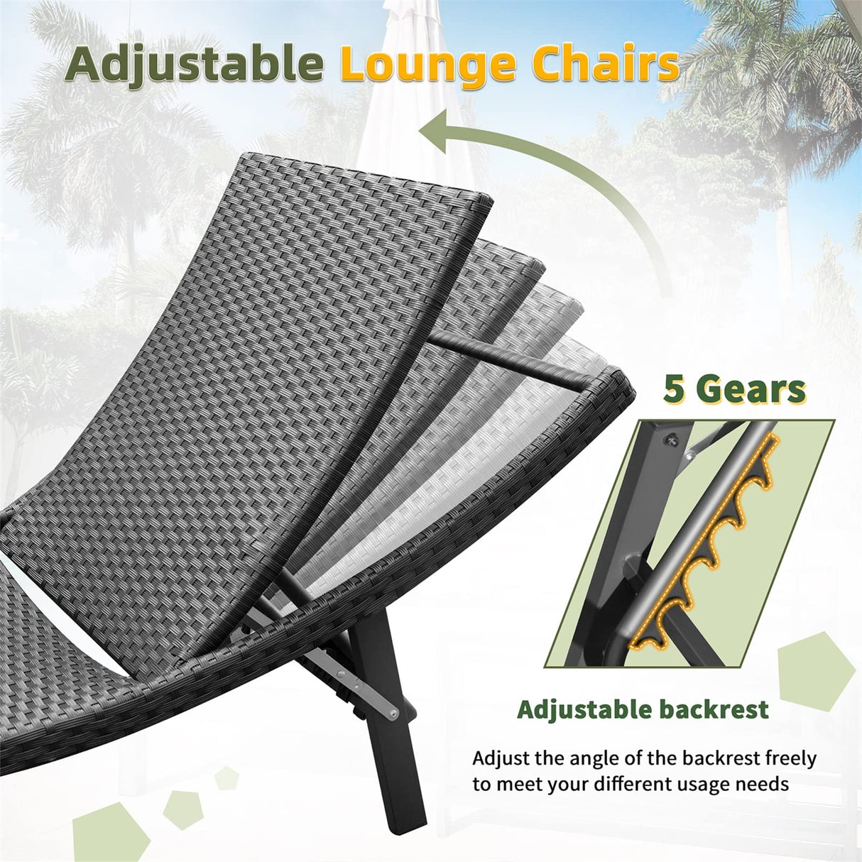 Lounge Chairs for Outside 3 Pieces Patio Adjustable Chaise Lounge