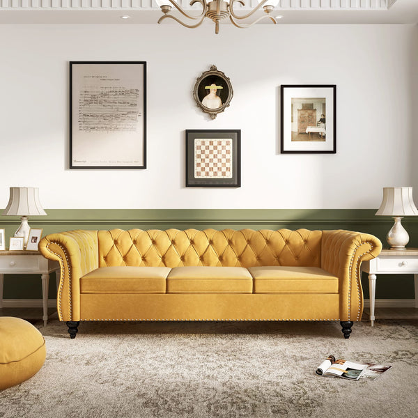 Modern Tufted Couch 3 Seater with Rolled Arms and Nailhead