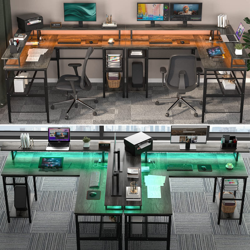 L Shaped Computer Desk, Reversible Corner Desk with Power Outlet and LED Strip