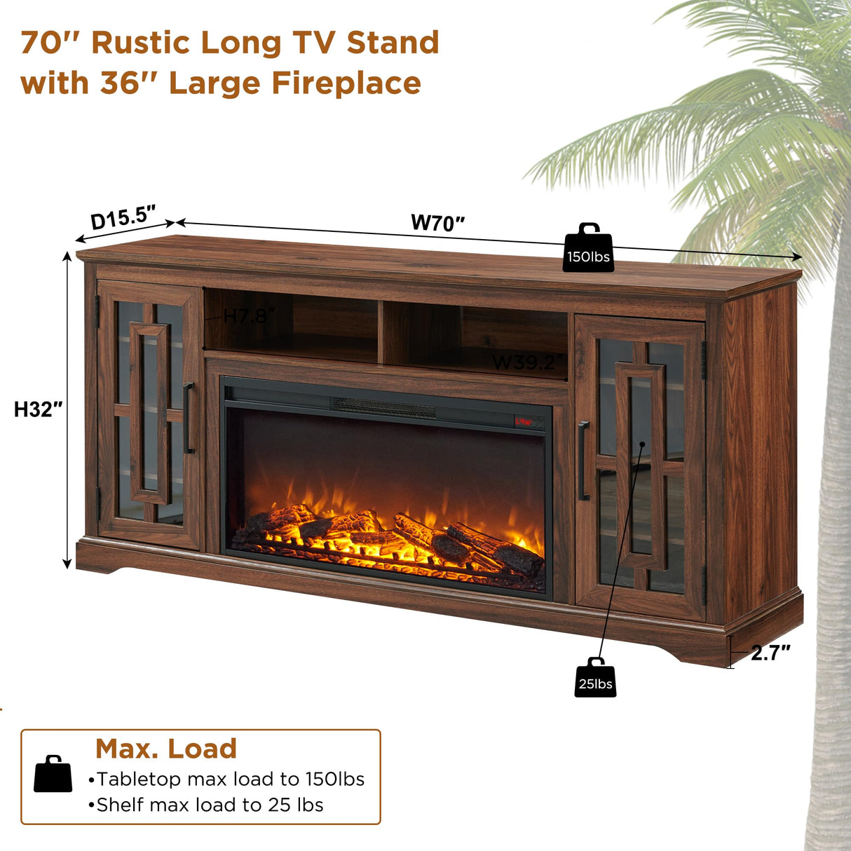 Fireplace TV Stand with 36" Electric Fireplace for 75 80 Inch TV, Farmhouse 32" Tall