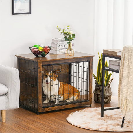 Dog Crate Furniture with Cushion, Wooden Dog Crate Table, Double-Doors Dog Furniture