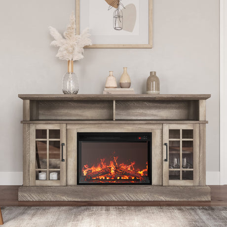 Traditional 58" Rustic TV Stand with 23" Electric Fireplace Heater