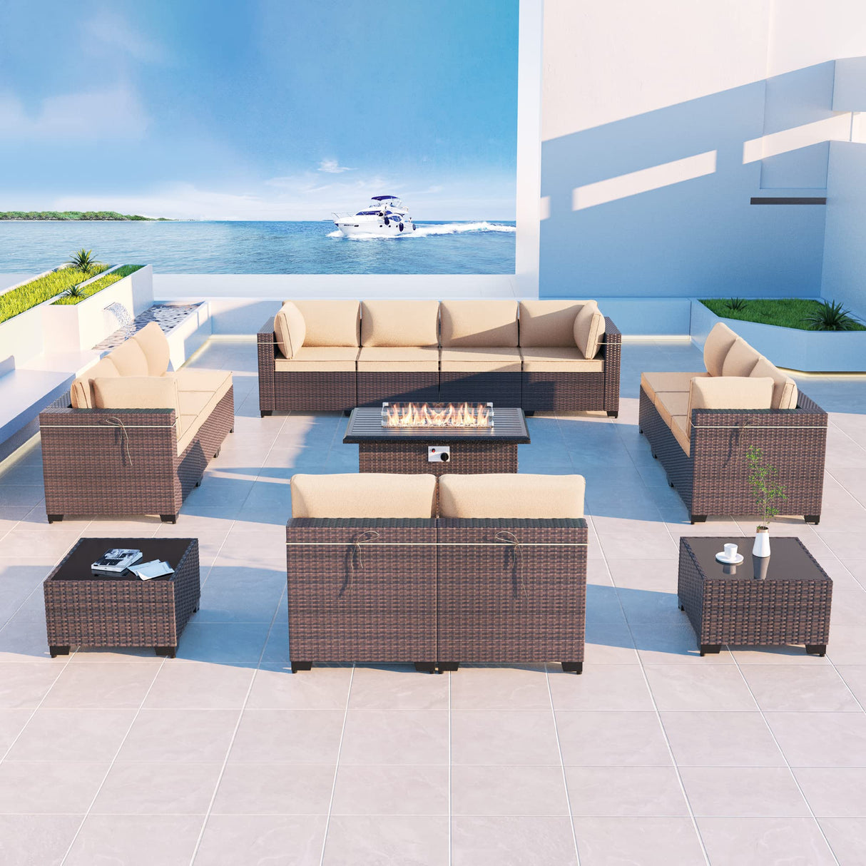 Outdoor Patio Furniture Set with Propane Fire Pit Table, 15 Pieces