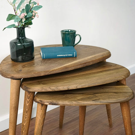 Solid Nesting Table Set of 3- Walnut Mid Century Pebble Tables