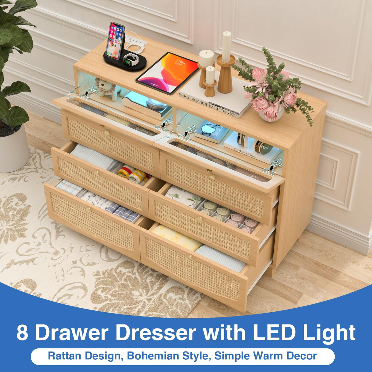 Dresser for Bedroom with 8 Drawers, Double Dresser with LED Lights