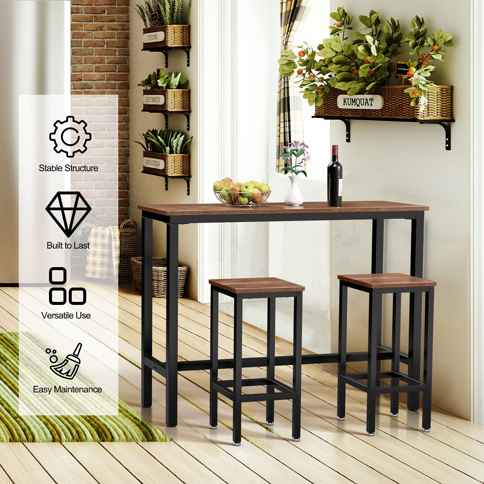 3-Piece Bar Table Set, 39.5” Bar Table with 2PC 28” Bar Stools
