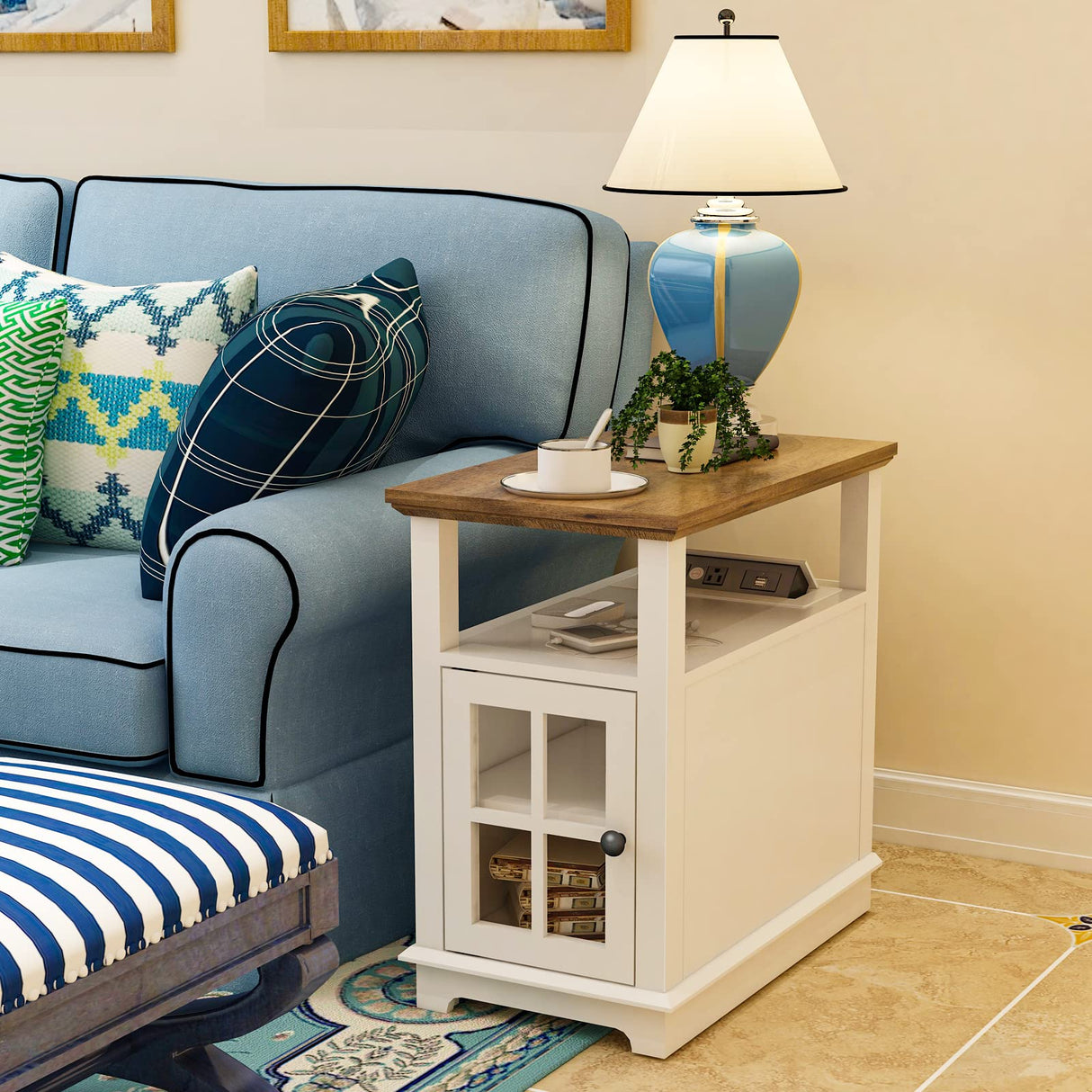 End Table with Charging Station, White Side Table with Storage, 2 Power outlets