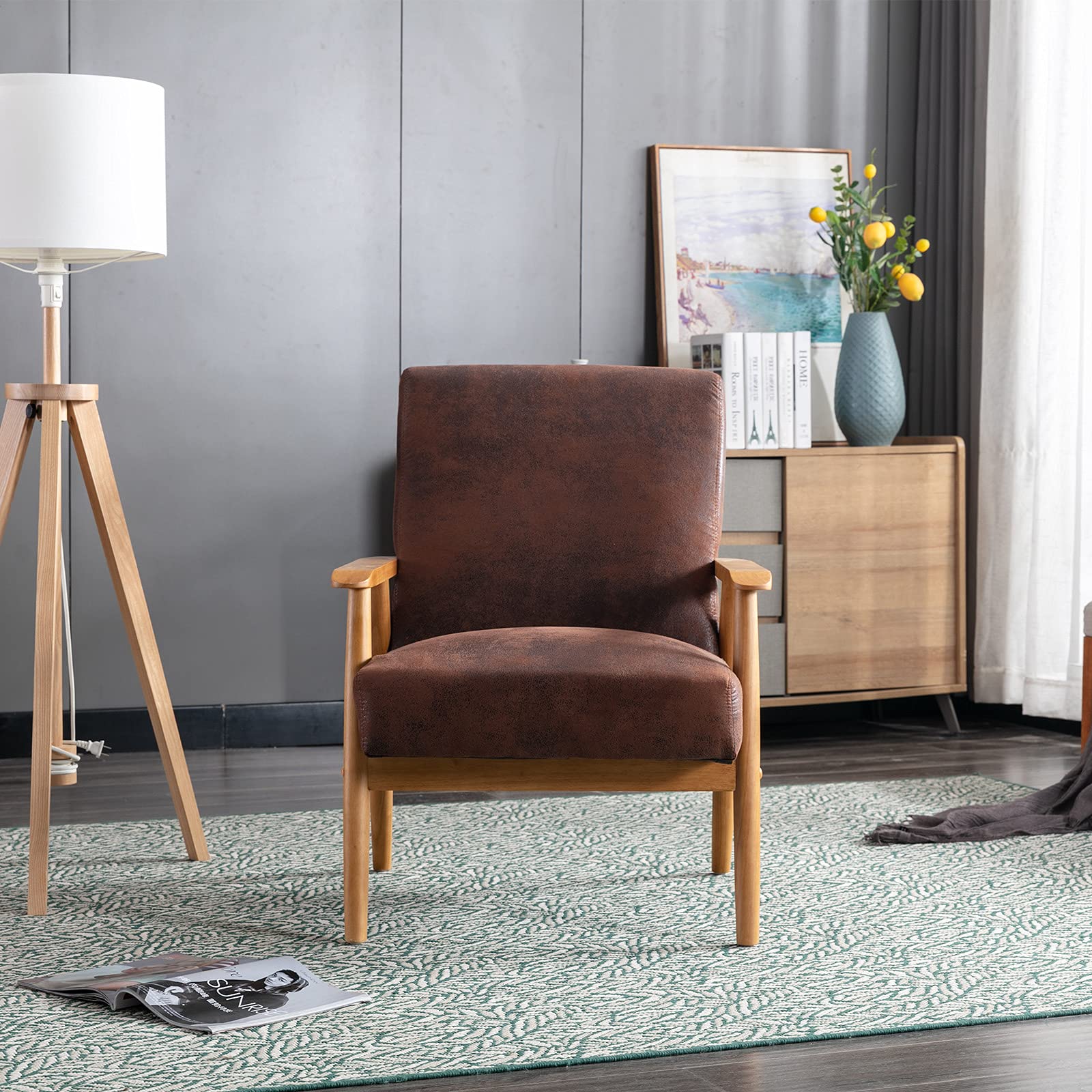 Retro Accent Chair Wood Frame Arm Chair Faux Leather Modern Lounge Chair