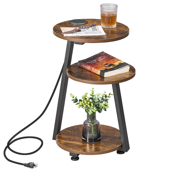 Round End Table with Charging Station, Side Table Accent Table Nightstand Bedside Table with 3-Tier Shelves