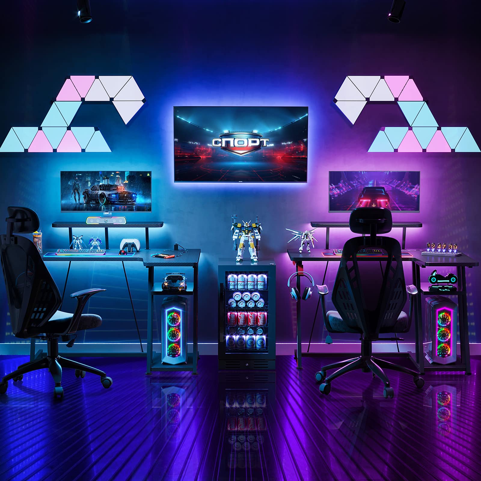 Gaming Desk L Shaped, Small Corner Desk with Storage Shelf & Power Outlets
