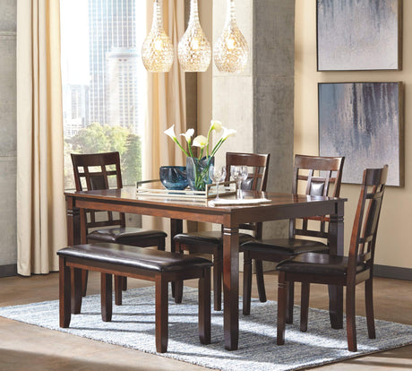 Bennox Dining Room Set, Includes Table, 4 18" Chairs & Bench, Brown