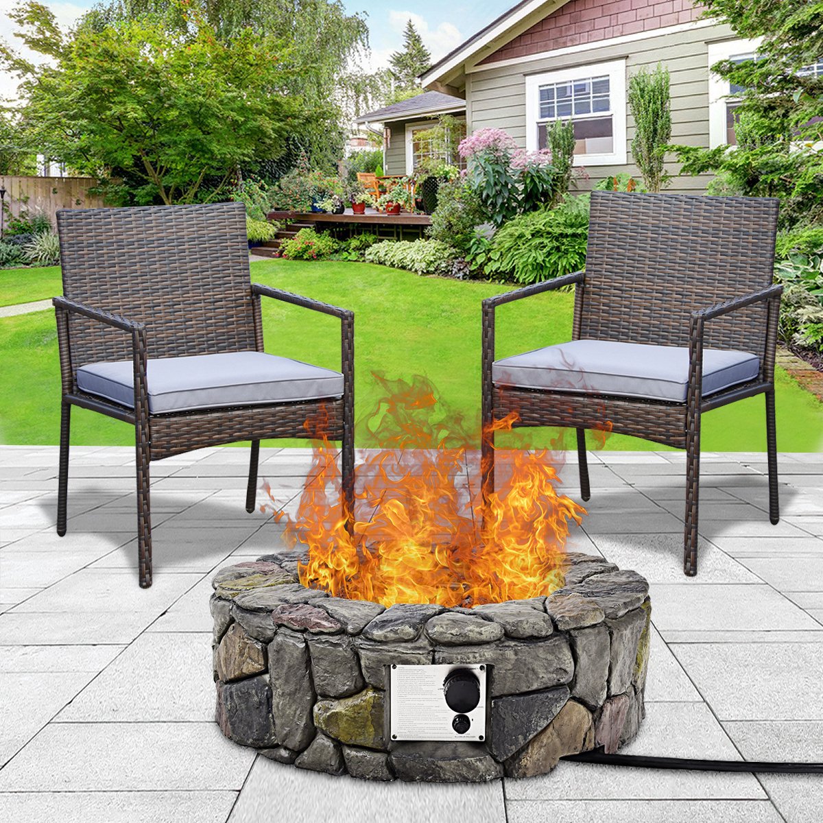 Gas Fire Pit, 28 Inch 40,000 BTU Propane Fire Outdoor w/Natural Stone