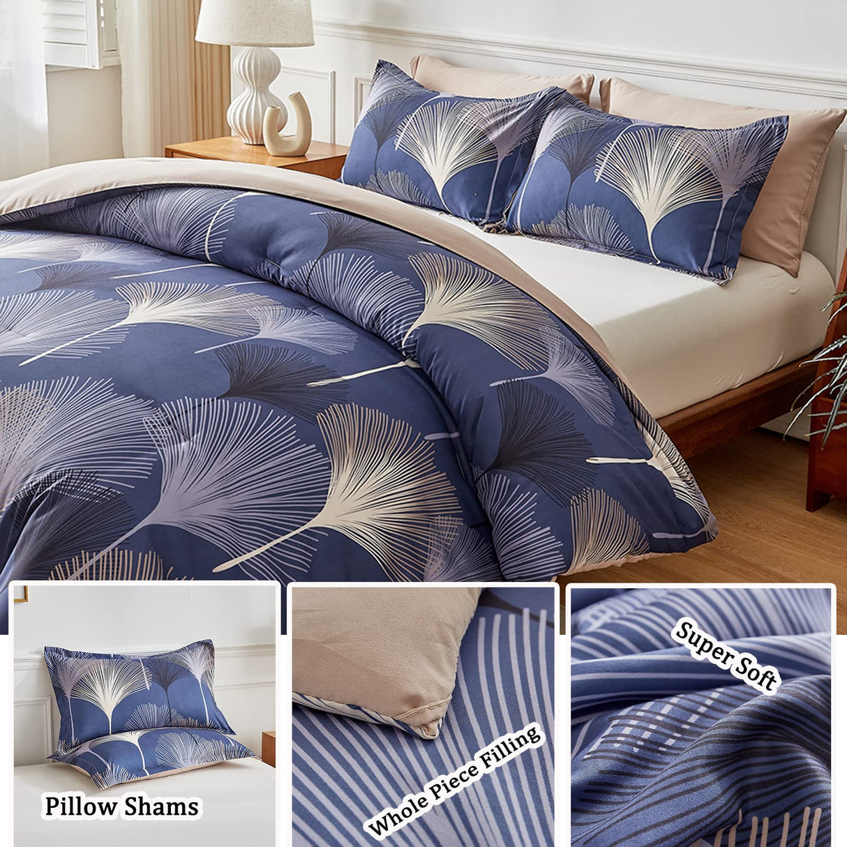 Navy Leaf Comforter Set King(91'' x 102'') Size Whole Piece Filling Light Weight Comforter