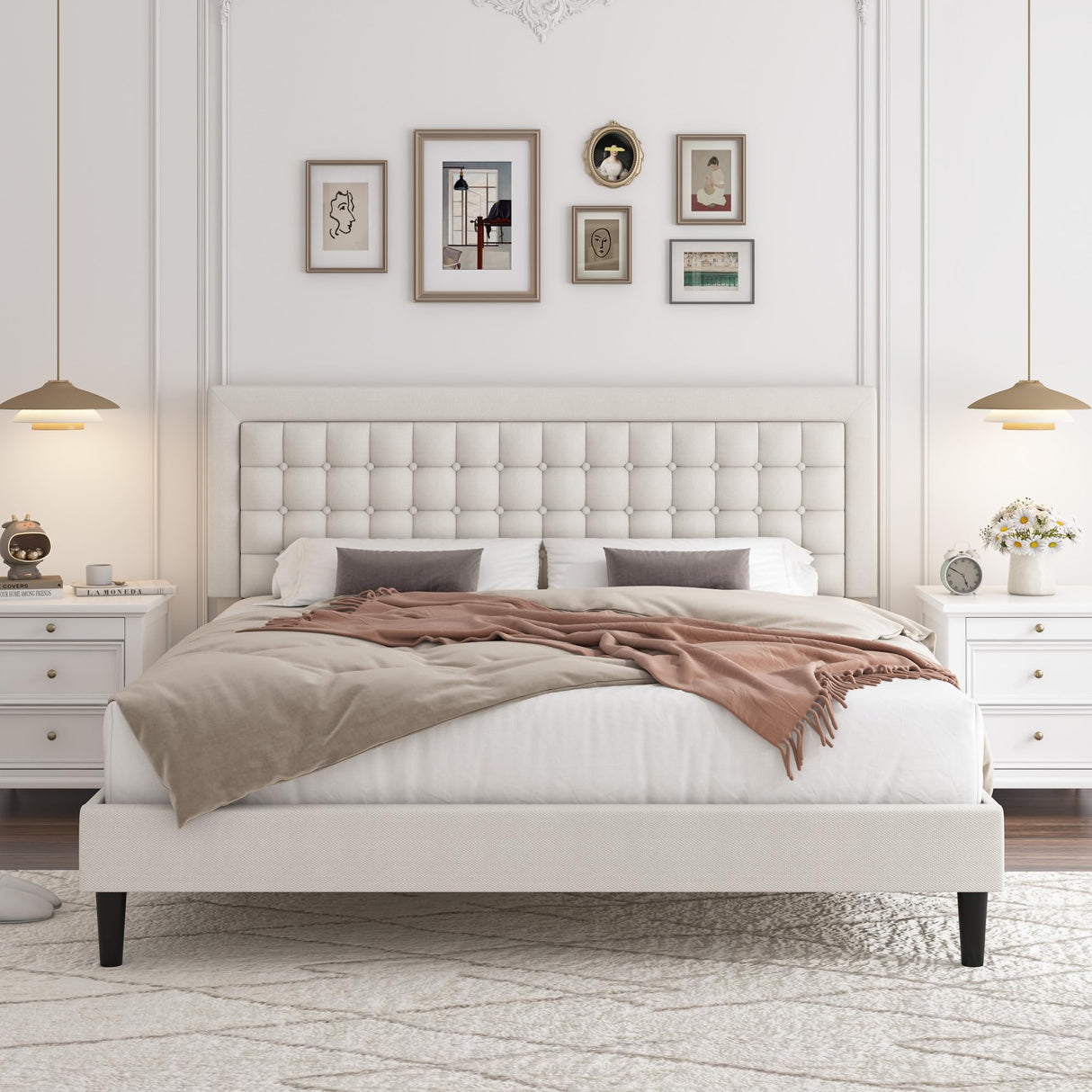 King Bed Frame, Button Tufted Upholstered Platform with Adjustable Headboard