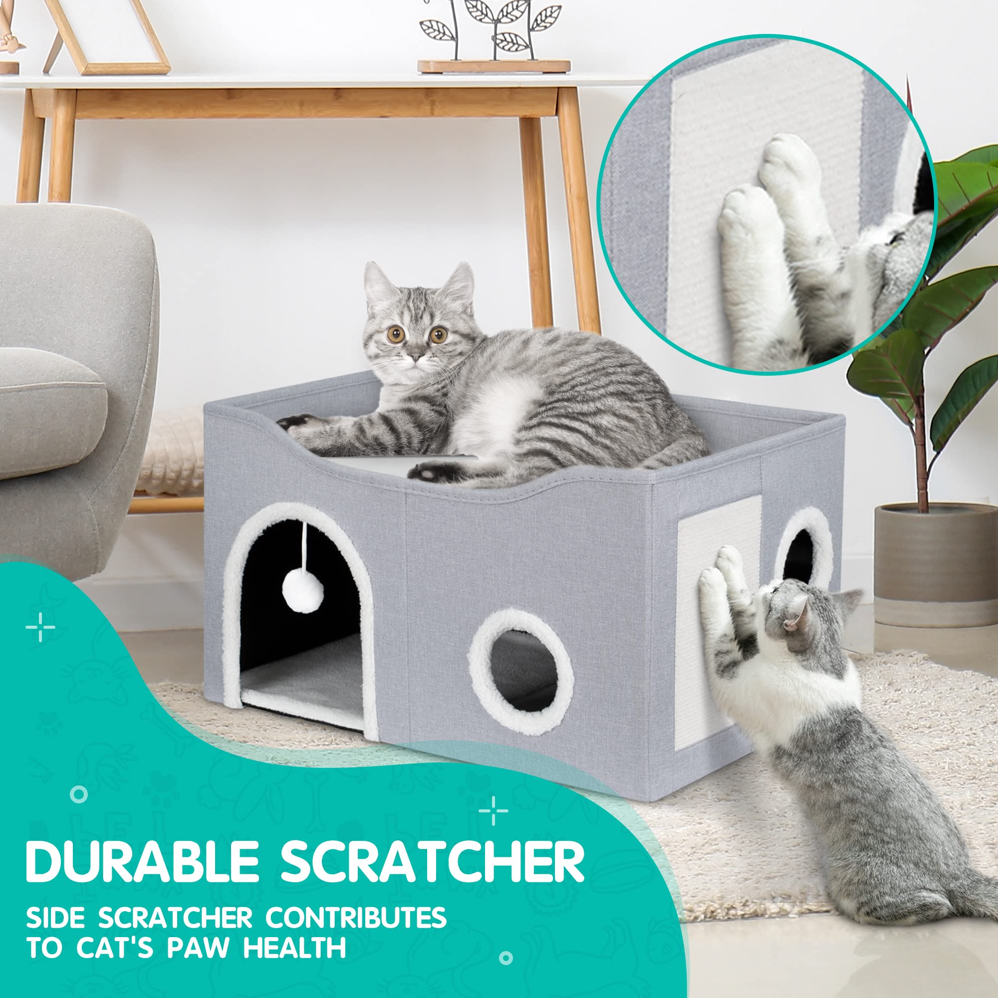 Cat House for Indoor Cats - Large Cat Bed Cave with Fluffy Ball and Scratch Pad