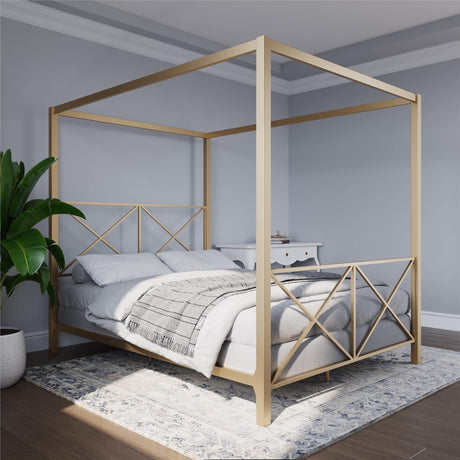 Rosedale Metal Canopy Bed Frame with Four Poster Design and Geometric Accented Headboard