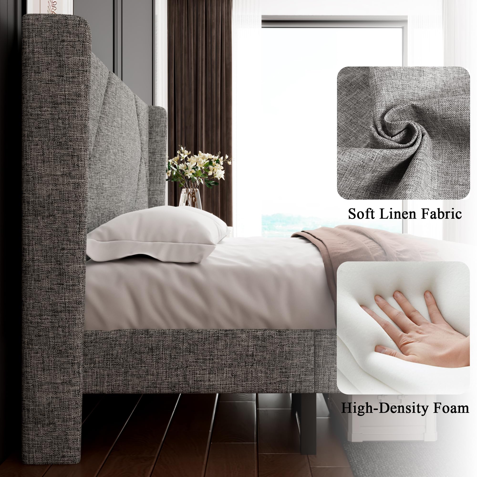 Queen Size Platform Bed Frame with Headboard, Upholstered Bed Frame with Solid Wood