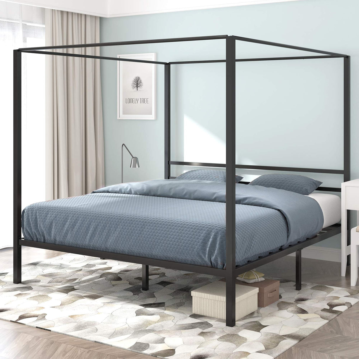 Metal Four Poster Canopy Bed Frame 14 Inch Platform with Built-in Headboard Strong