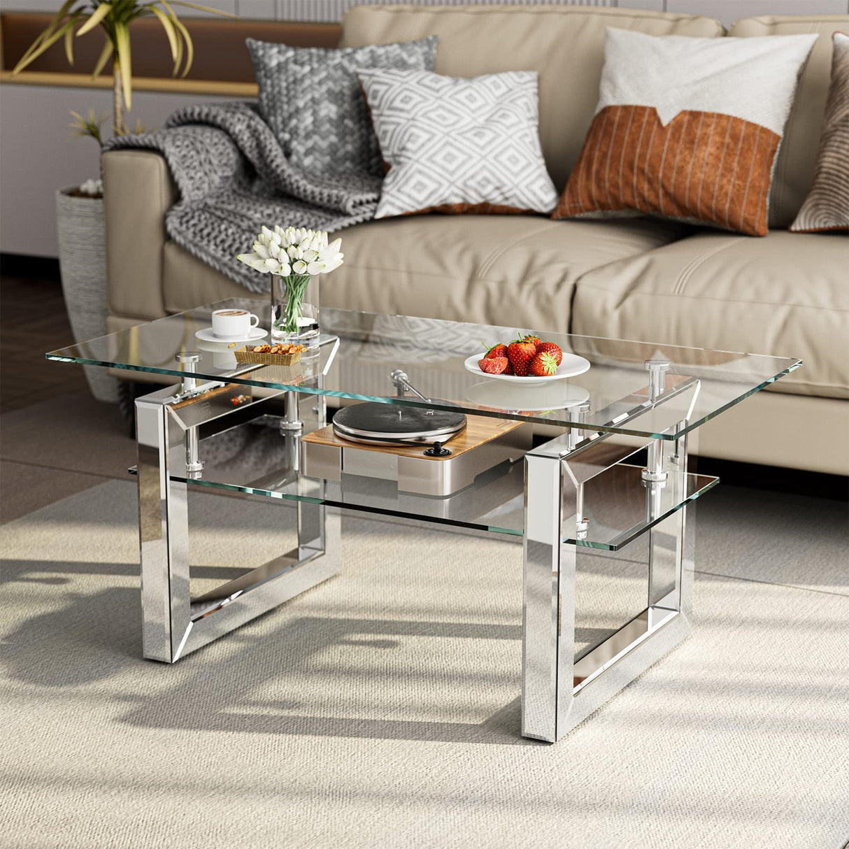 Glass Coffee Table with 2 Tier Glass Boards & Sturdy Metal Legs