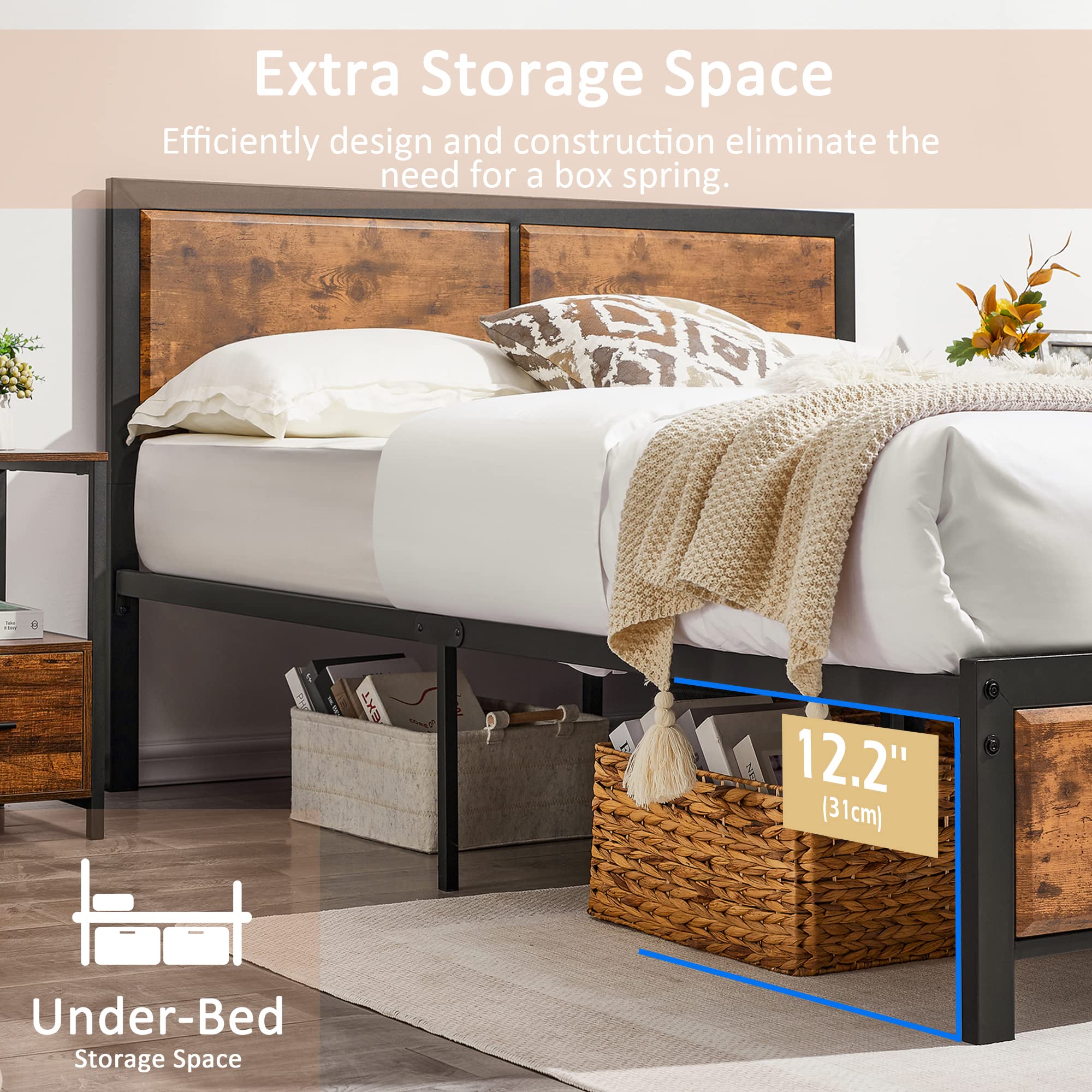 Full Platform Bed Frame with Rustic Vintage Wood Headboard