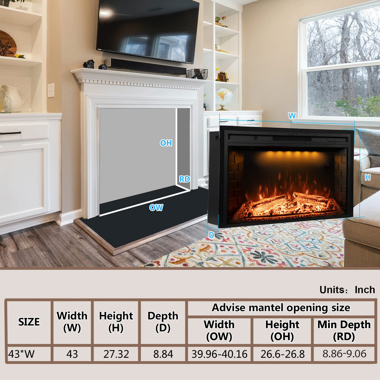 Wall Fireplace Electric with Remote Control