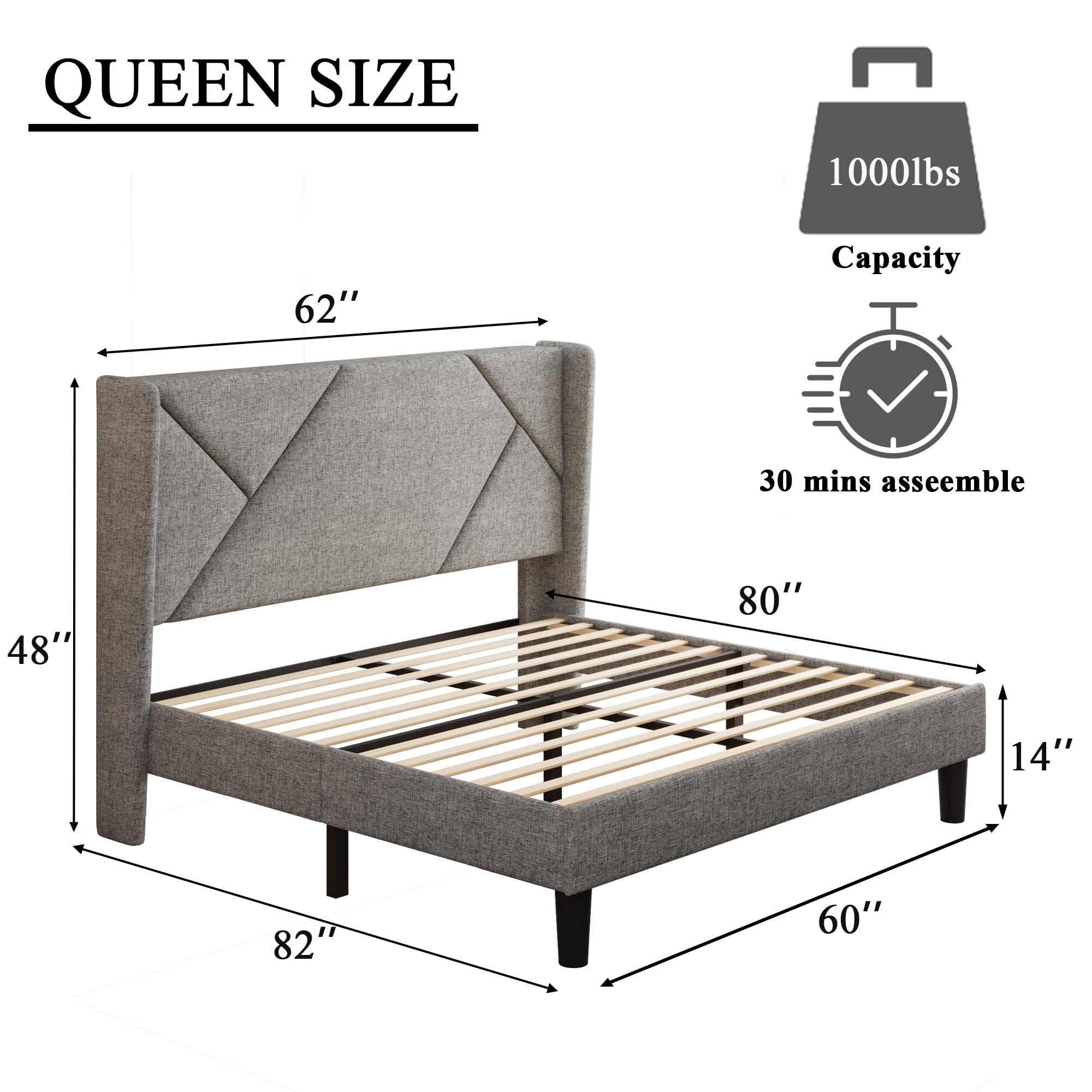 Queen Size Platform Bed Frame with Headboard, Upholstered Bed Frame with Solid Wood