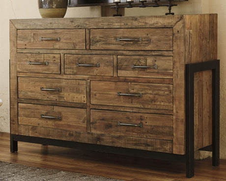 Sommerford Urban Industrial Butcher Block Style 9 Drawer Dresser, Brown