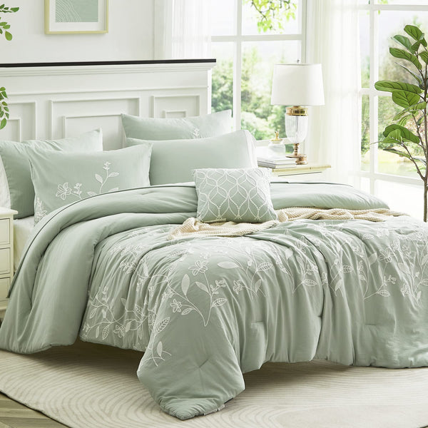Sage Green Comforter Set Full Size 8 Piece, Farmhouse Floral Embroidery Bedding Set Full