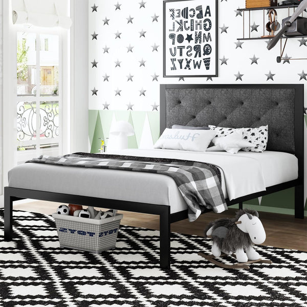 Twin Size Metal Platform Bed Frame,Fabric Upholstered Button Tufted Headboard