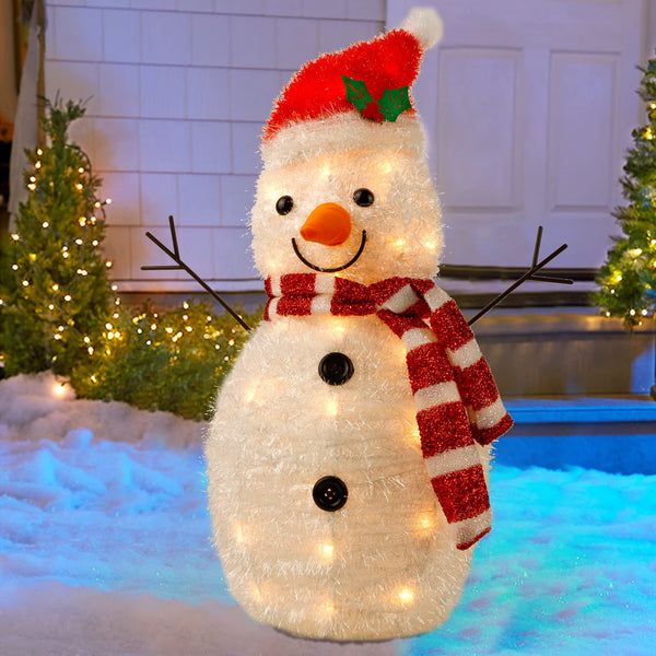 Lighted Christmas Tinsel Snowman Decorations, Pre-Lit Light Up with 25 Count Clear Incandescent Lights