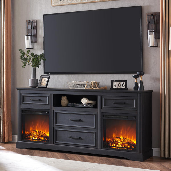 Farmhouse Double Fireplaces TV Stand for TVs Up to 80 inches, Rustic Entertainment Center