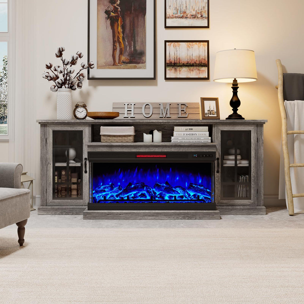 75" Fireplace TV Stand with 3-Sided Glass Electric Fireplace