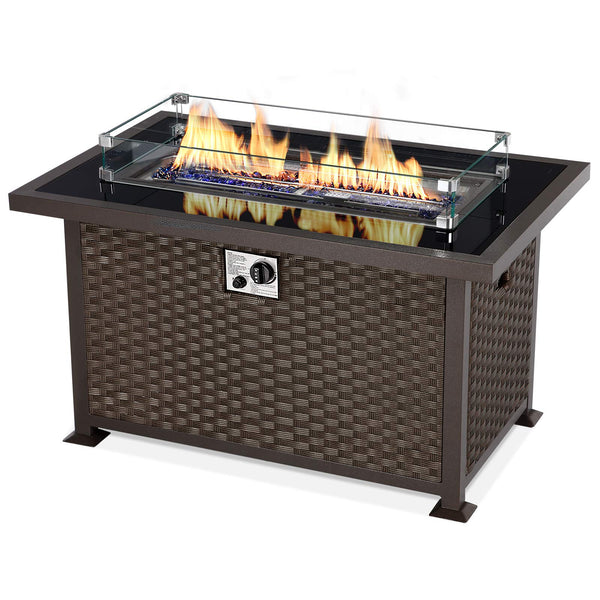 44in Outdoor Propane Gas Fire Pit Table, 50,000 BTU Auto-Ignition Gas Firepit with Glass Wind Guard