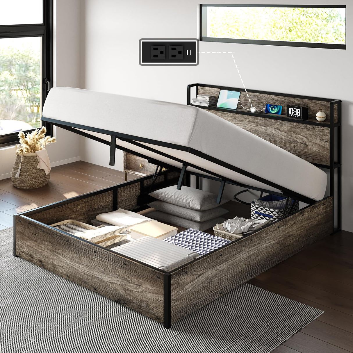 Wooden Platform Bed Frame with Lifting Storage & Charging Station