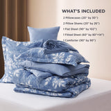 7 Pieces Blue Floral Bedding Sets Queen Bed in a Bag