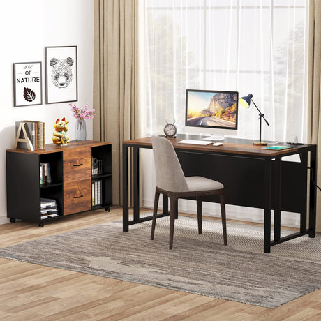 L-Shaped Computer Desk with Power Outlet and Drawer Cabinet