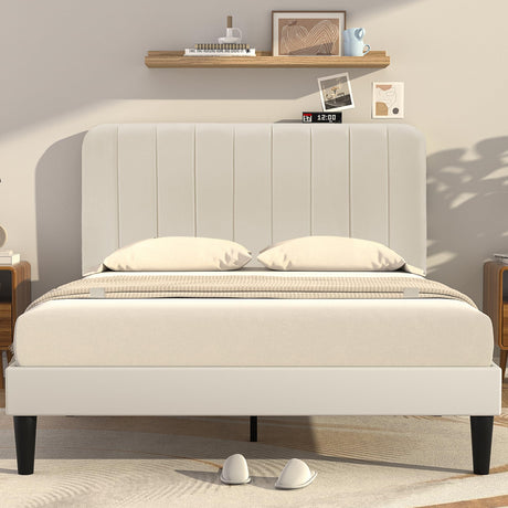 Queen Size Upholstered Bed Frame with Adjustable Headboard, Velvet Platform Bedframe