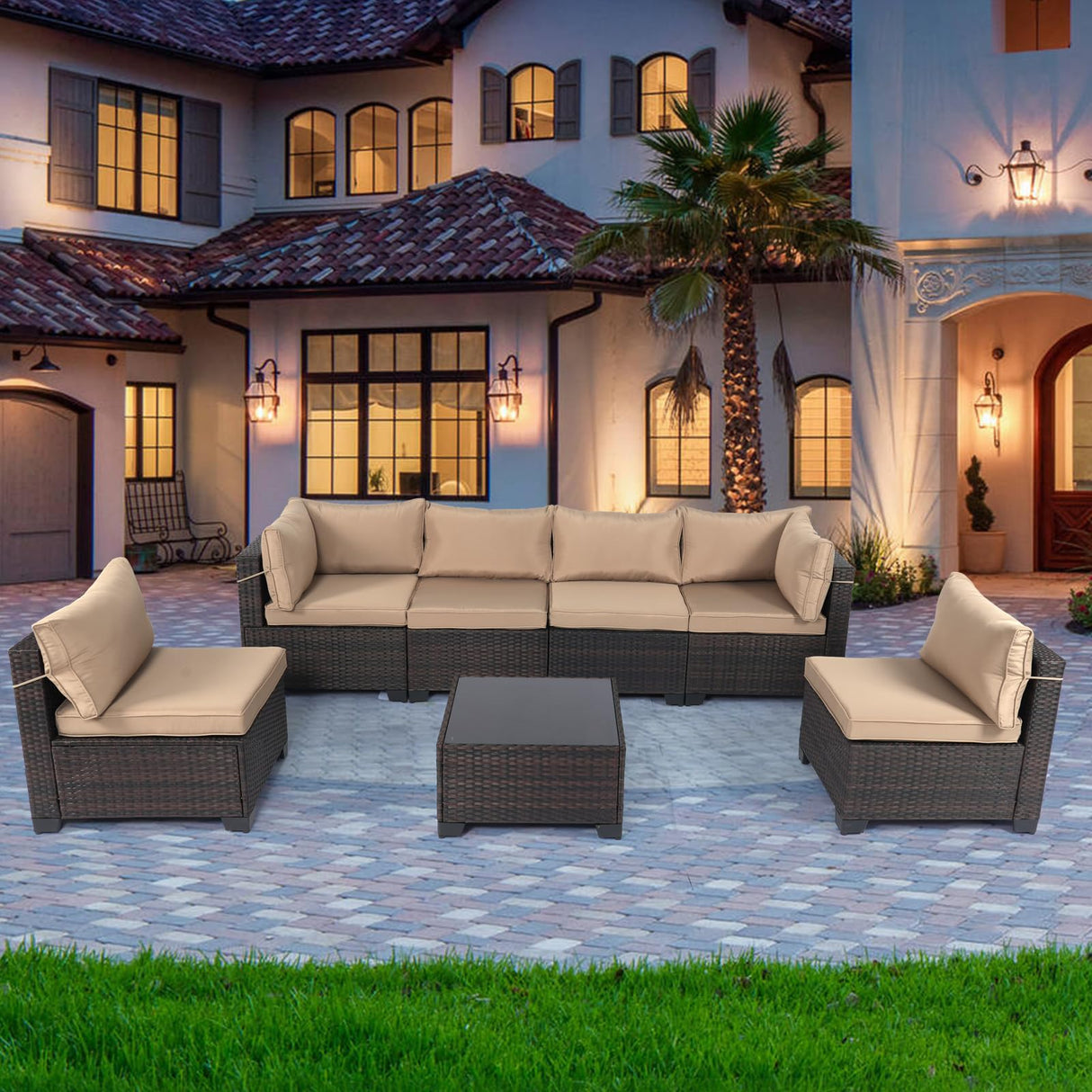 7 Pieces Outdoor Patio Furniture Sets,Rattan Conversation Sectional Set