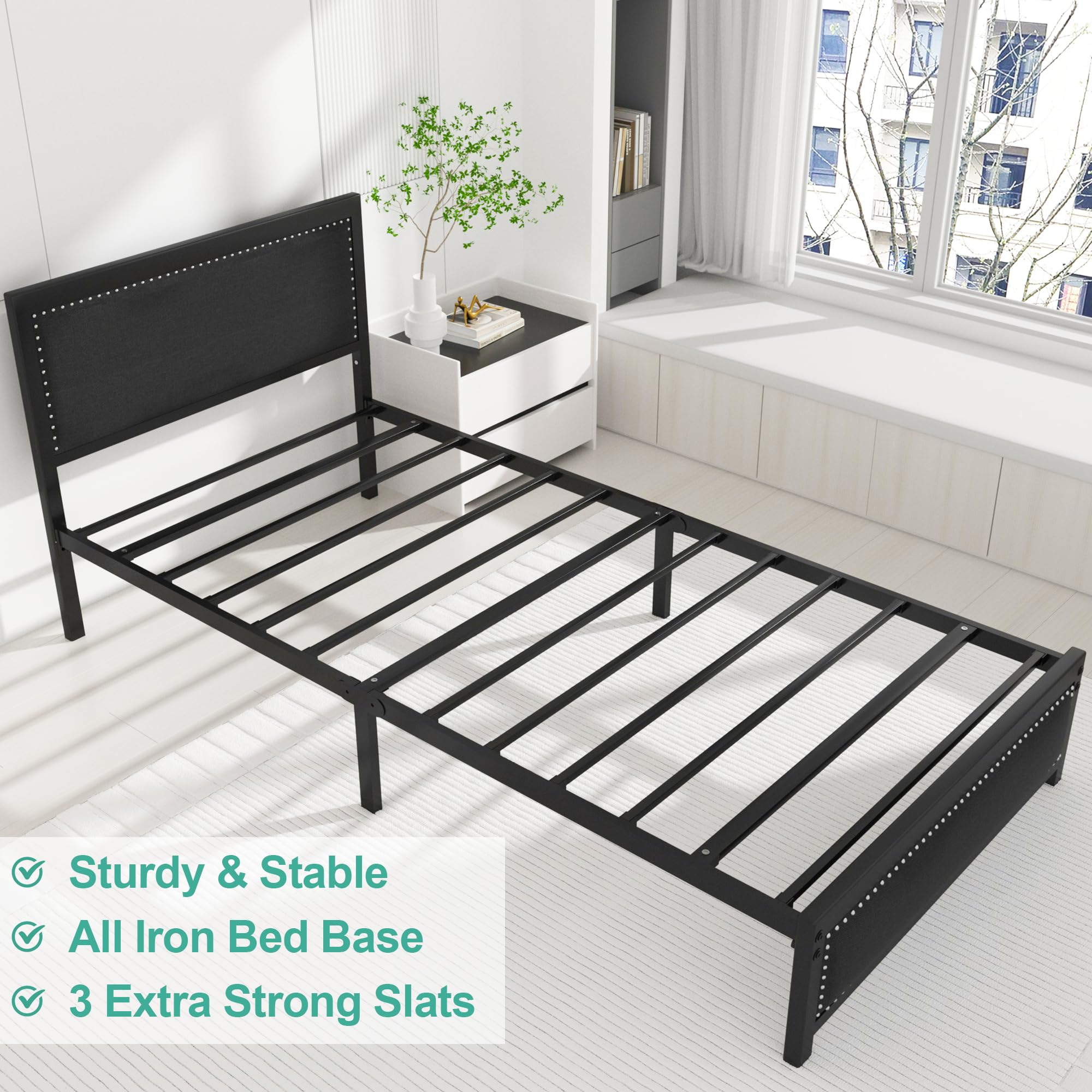 Twin Bed Frame with Upholstered Linen Headboard and Footboard, Heavy-Duty Platform