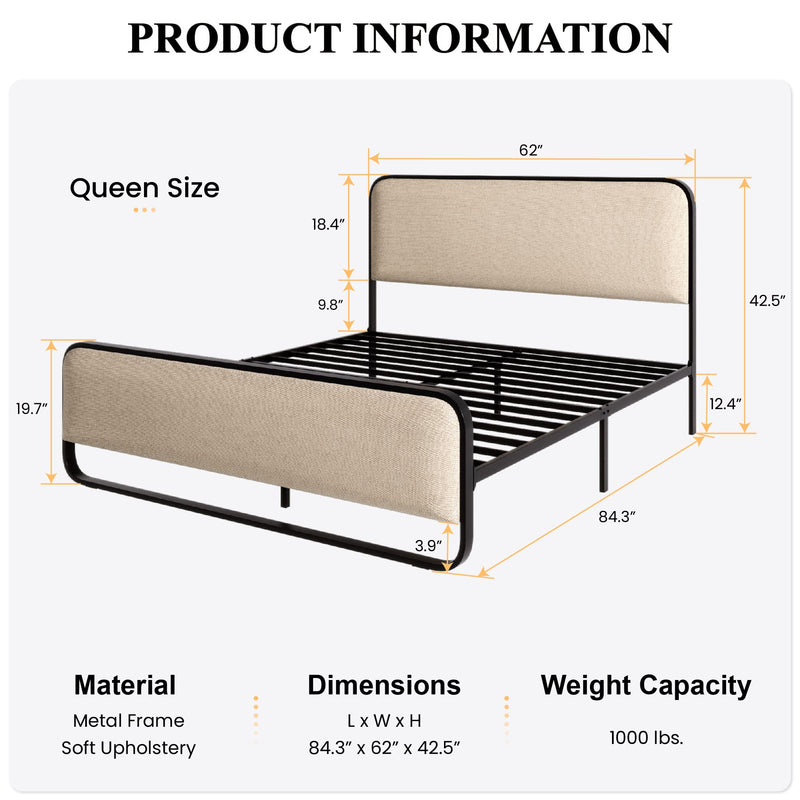 Queen Size Platform Metal Bed Frame with Curved Upholstered Headboard and Footboard