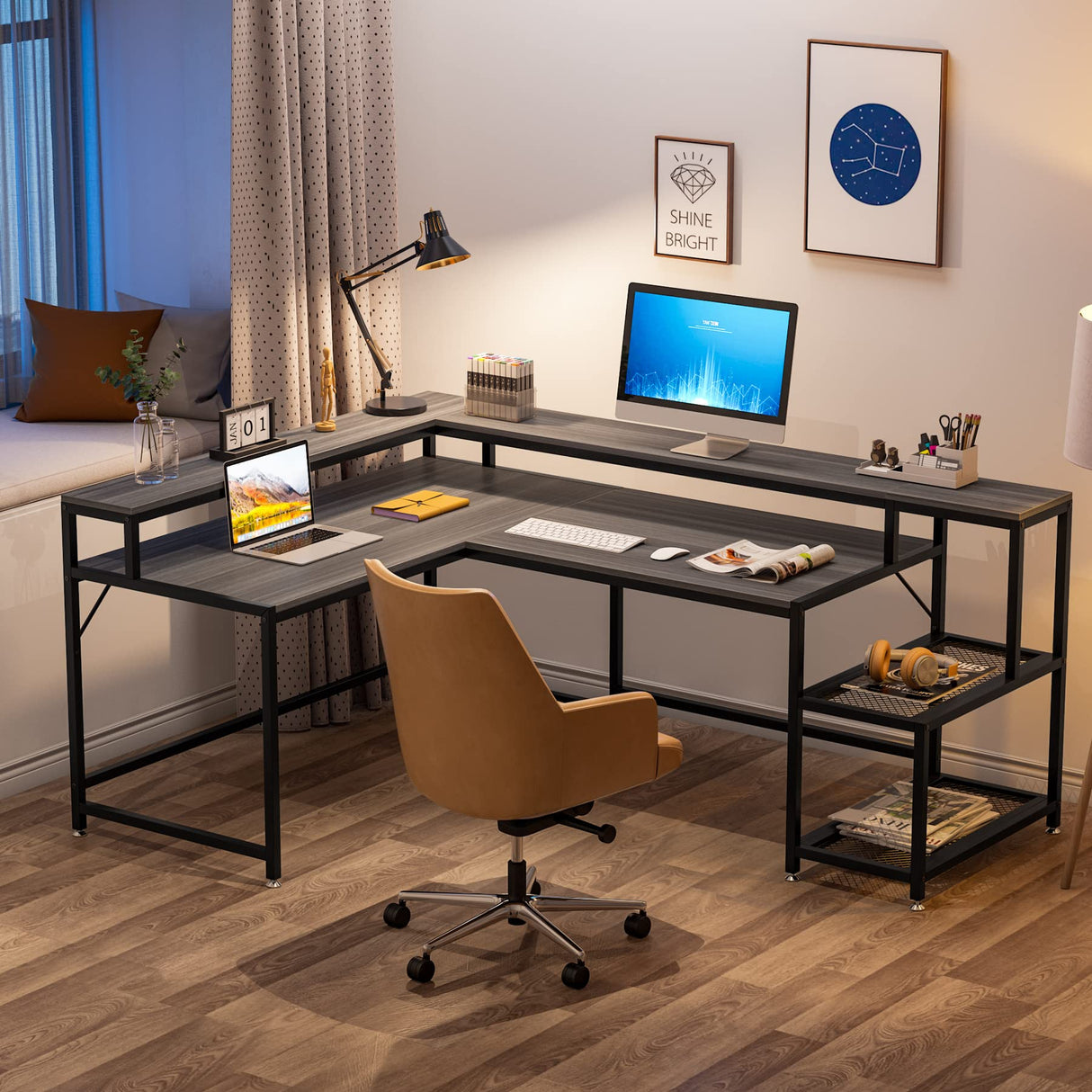 69 Inch L Shaped Desk with Monitor Stand