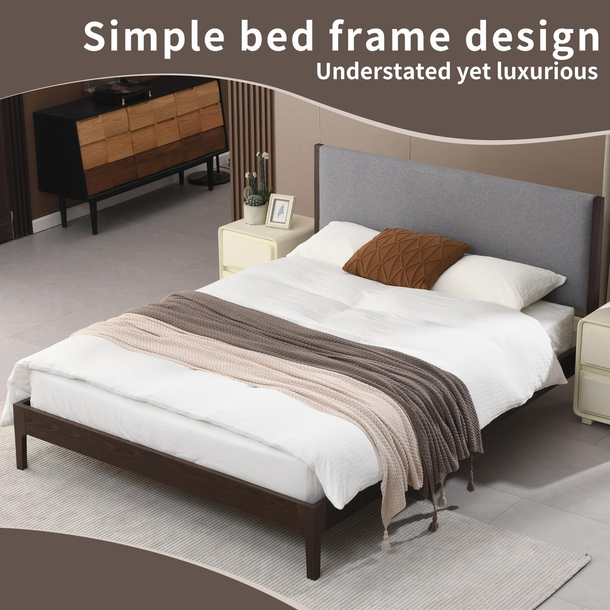 Solid Wood Upholstered Platform Bed Frame, Queen Size Bed Frame, Wood